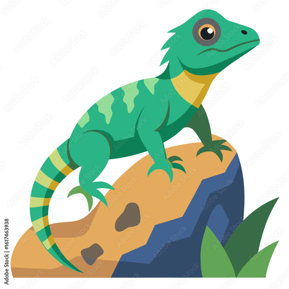 Obraz premium A vibrant green lizard with yellow markings perched on a textured rock with green foliage