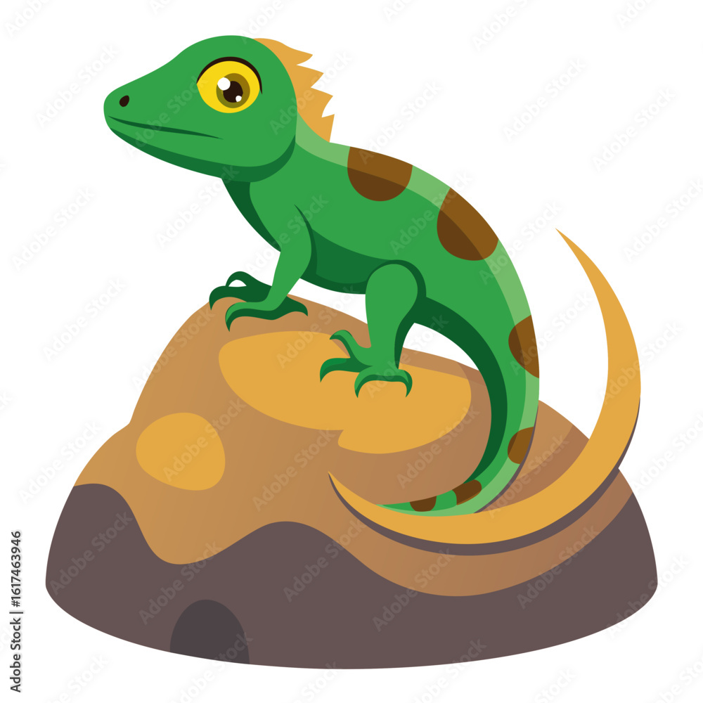Obraz premium Cartoon green lizard with brown spots sitting on a textured rock with a white background
