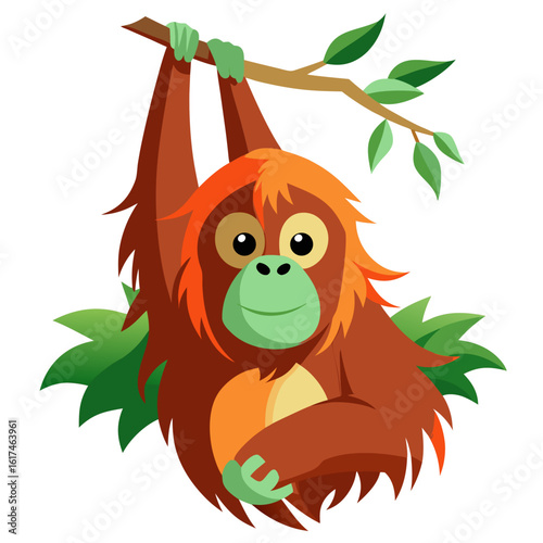 Cute cartoon orangutan hanging from a tree branch holding a fruit