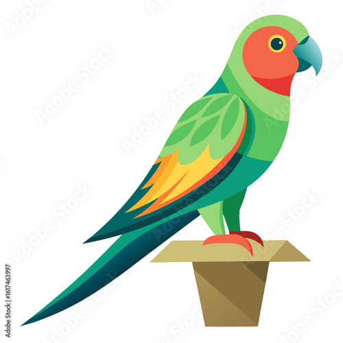 Stylized illustration of a colorful green parrot perched on a wooden stand
