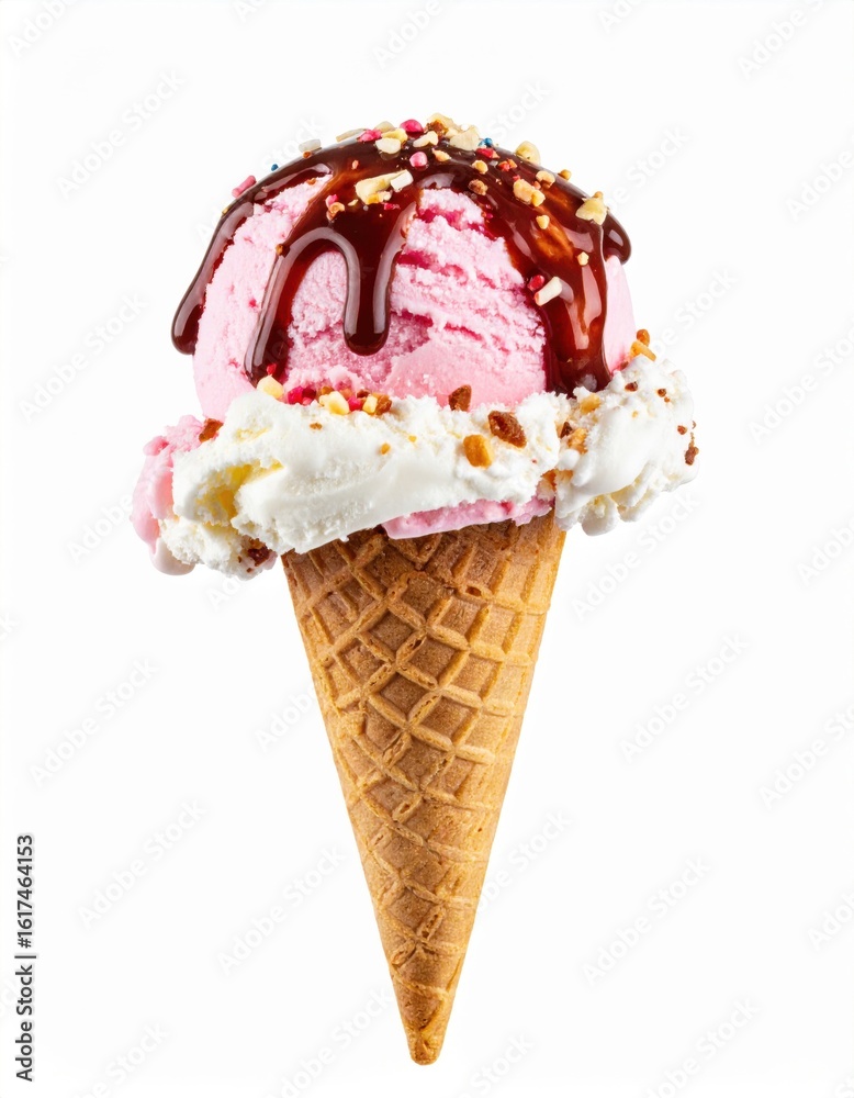 A pink ice cream scoop topped with chocolate syrup and sprinkles, served in a waffle cone with whipped cream and more sprinkles. A pink ice cream scoop topped with chocolate syrup and sprinkles, served in a waffle cone with whipped cream and more sprinkles.