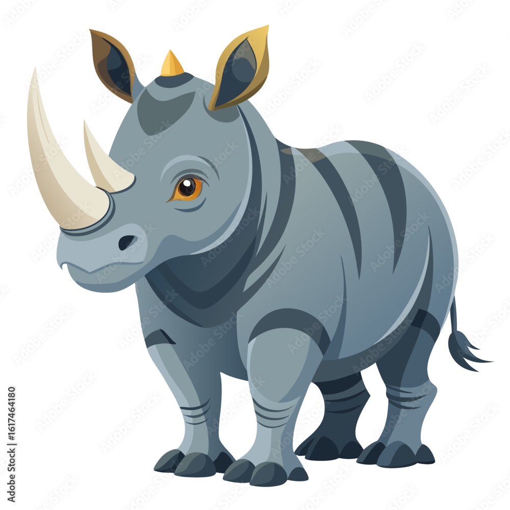 Fototapeta premium Cartoon rhinoceros standing with a large horn and grey skin with dark stripes