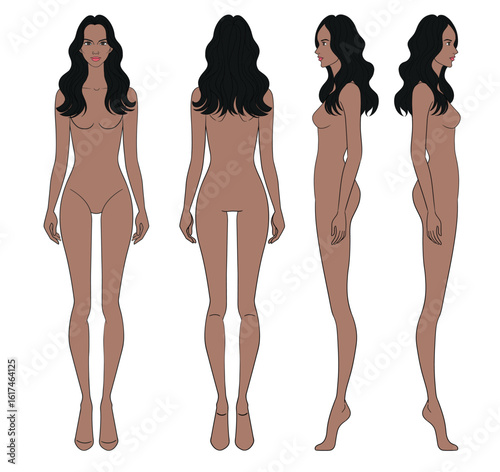 Colored fashion croquis figurines front side back view with brown skin curly long hair woman in vector.