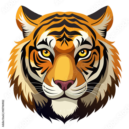 Close up illustration of a fierce tiger face with striking yellow eyes and black stripes