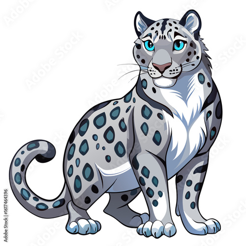 Cute cartoon snow leopard with striking blue eyes and spotted fur sitting gracefully