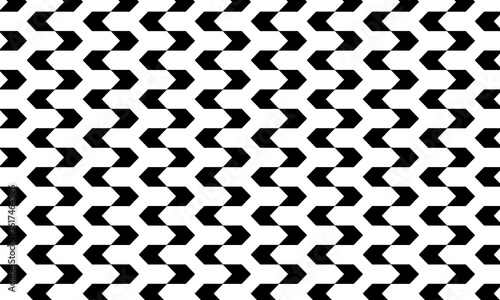 Seamless geometric pattern with interlocking black arrow or chevron shapes. A monochrome abstract vector background.