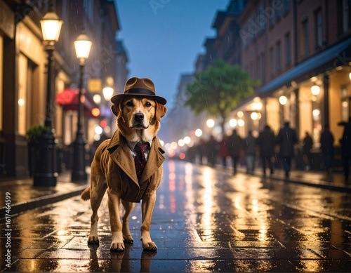 Detective Dog Solving Mysteries in Rainy Noir City (Noir Style)