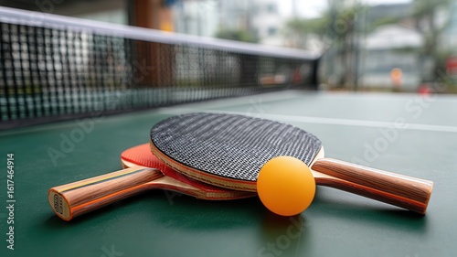 Table tennis rackets and ball lying on wooden ping pong surface, surrounded by green outdoor setting, ready for casual match