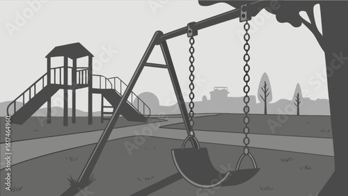 A playground with a swing set is depicted in a vintage handdrawn style in grayscale