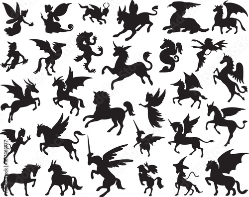Mythical creatures winged horses dragons unicorns fairies silhouette