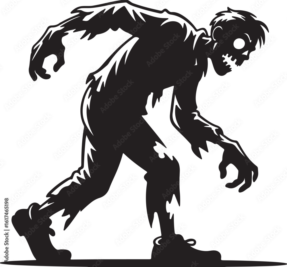 Fototapeta premium Tattered zombie silhouette shambling forward outstretched arms horror vector