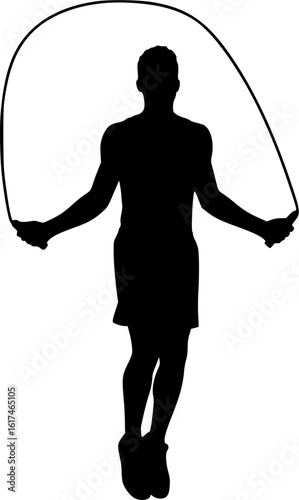 Young man jumping rope silhouette. Sportsman skipping with jump rope vector silhouette. Aerobic exercises, jump activity, health concept. Skipping Rope silhouette icon isolated on white background