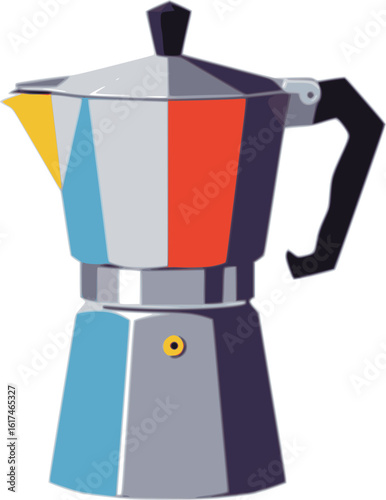 Fun, colorful stove-top moka, espresso pot illustration. Geometric coffee maker vector design. Modern kitchen. Italian coffee pot, coffee lover. Transparent PNG. Ideal for card, article, post