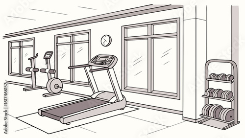 A wellequipped gym interior with treadmills, weights, and exercise machines, promoting fitness, cardio workouts, and a healthy lifestyle