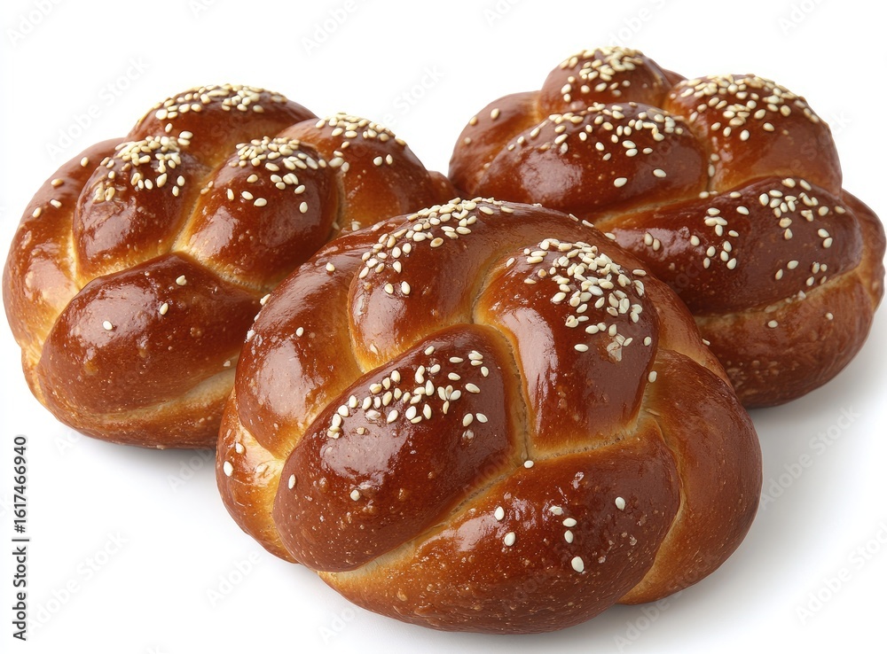 Three braided challah loaves, golden brown, topped with sesame seeds Three braided challah loaves, golden brown, topped with sesame seeds