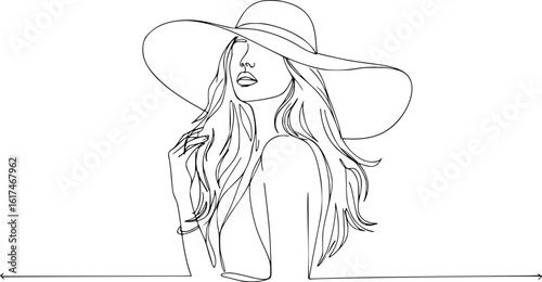 A minimalist line art illustration of a woman wearing a wide-brimmed hat, flowing hair, elegant pose, clean lines, simple background, black and white, high contrast, fine art, vector graphic