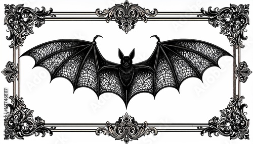 A detailed illustration of a bat with outstretched wings, framed by ornate, decorative scrollwork.