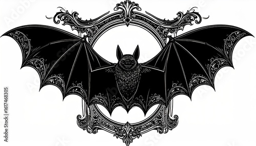 A black bat with outstretched wings centered within an ornate, decorative frame.