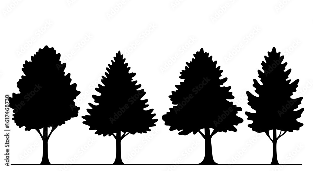 Fototapeta premium Four silhouette trees line up on a white background, ideal for evoking feelings of nature and tranquility.