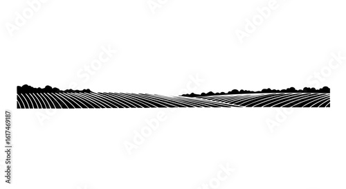 An illustration of cultivated fields and tree line. 