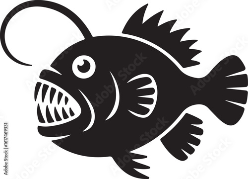 Anglerfish silhouette with lure and sharp teeth deep sea black and white