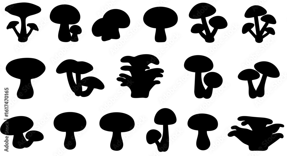 Collection of mushrooms in black silhouette against. Collection of mushrooms in black silhouette against.