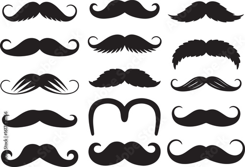 Diverse black mustache silhouettes with various styles and shapes facial hair vintage