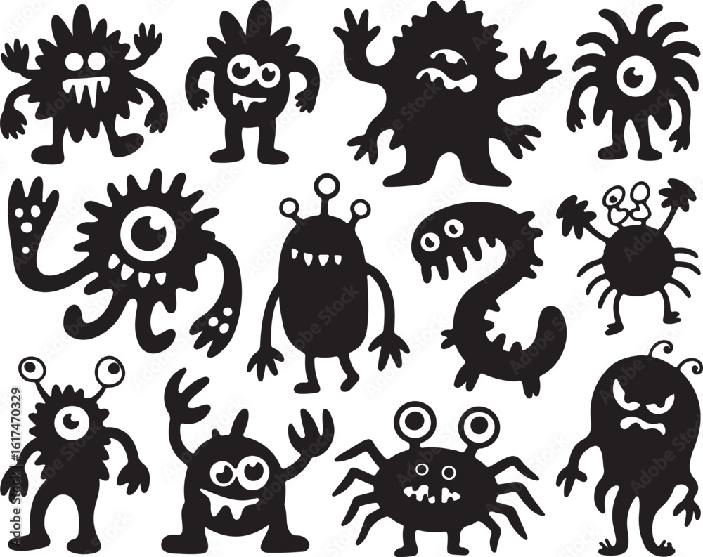 Obraz premium Diverse collection of whimsical cartoon monsters silhouette black and white