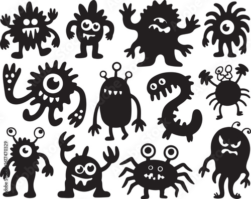 Diverse collection of whimsical cartoon monsters silhouette black and white