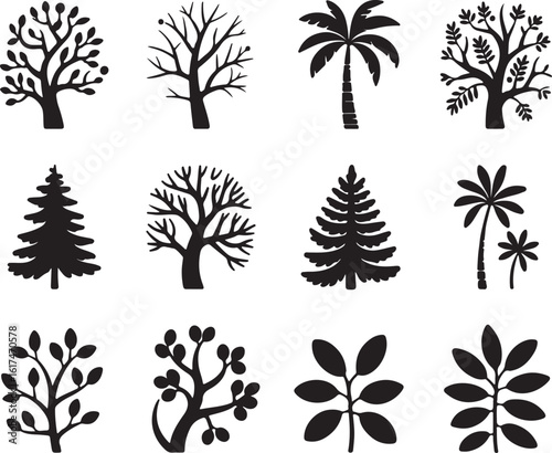 Diverse trees and foliage silhouettes palm tree pine tree