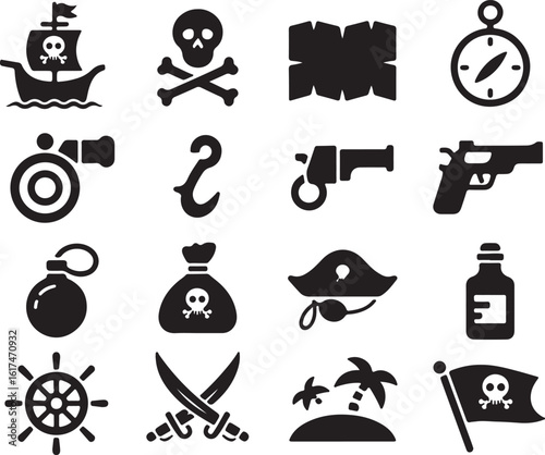 Pirate ship skull and crossbones compass map cannon hook pistol grenade money bag pirate hat crossed swords island palm trees flag