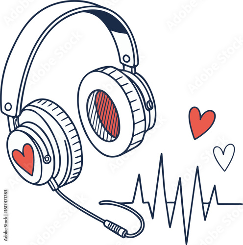Love and Music Concept with Headphones, Heart Icons, and Soundwave Illustration