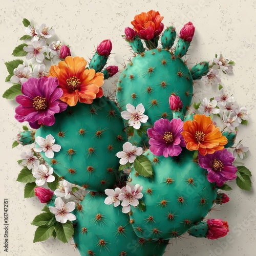  Seamless pattern design featuring hyperrealistic, detailed watercolor cacti with vibrant blooms and leaves adorning their spines