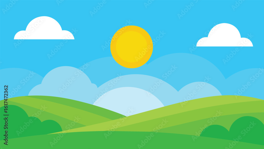 Fototapeta premium Bright sunny day over rolling green hills and blue sky