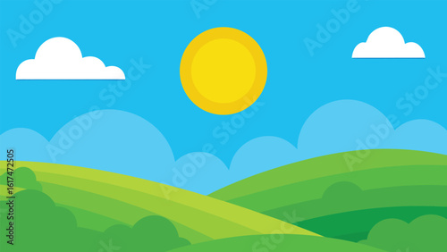 Bright sunny day over rolling green hills and blue sky