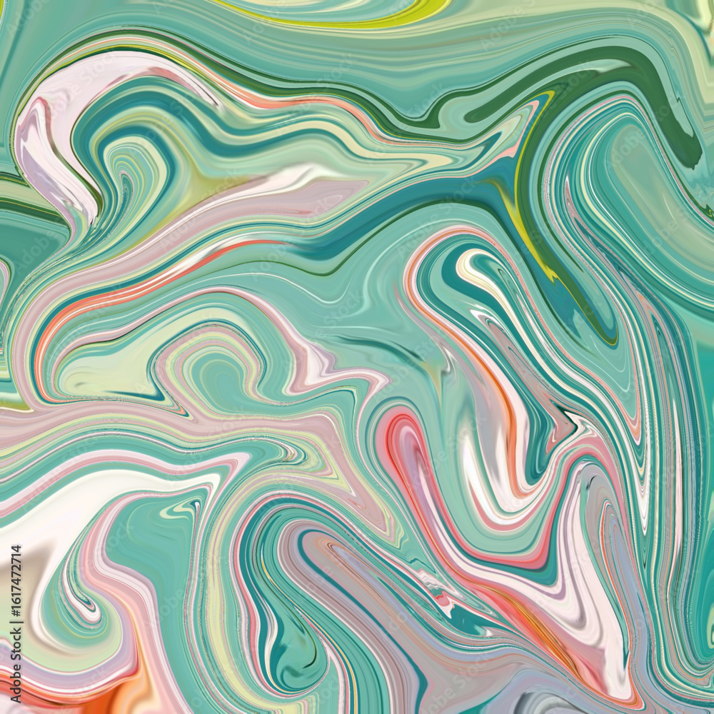 Obraz premium Fluid pastel abstract with seafoam green and soft pinks flowing in organic swirls. A dreamy, calming design perfect for artistic or spiritual themes.