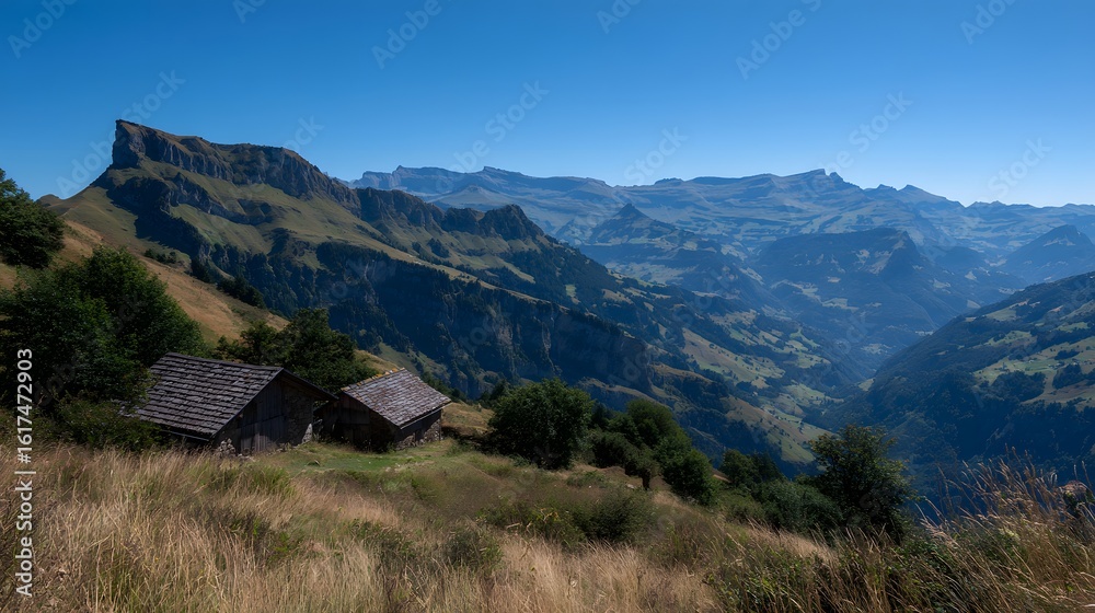 Mountain valley view with alpine huts. Mountain valley view with alpine huts.