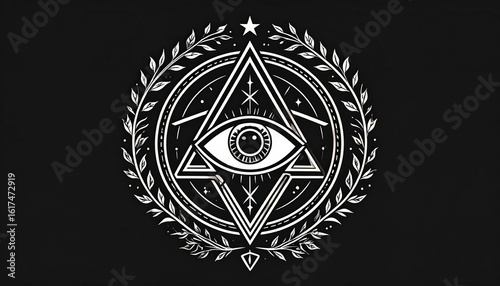 All-seeing eye within geometric sacred geometry design, encircled by leaves.