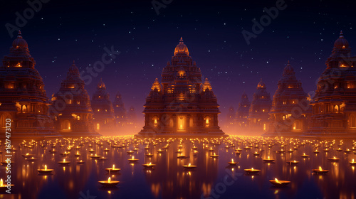 Diwali Celebration Illustration, temples illuminated with hundreds of diyas at night