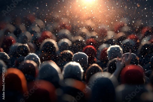 A crowd of people are at a concert, with their hands raised in the air. The atmosphere is energetic and lively, with the audience fully engaged in the performance