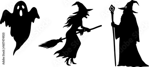 halloween night wallpaper, black and white silhouettes of ghost, witch, wizard, vector illustration

