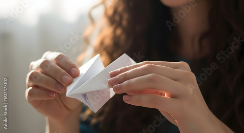 Close-up of a woman folding a paper airplane with sunlight streaming through a window creating a warm and inviting atmosphere perfect for creative and leisure activities in a home setting