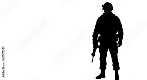 Silhouette of a determined soldier, holding a weapon, ready for action.