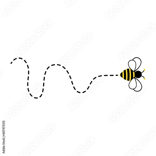 Cartoon bee flying on a dotted route. Vector illustration.