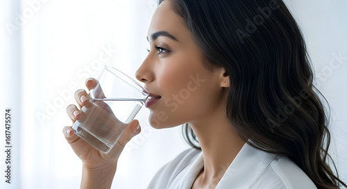 Young woman with dark hair enjoying a glass of water in a bright modern kitchen or living space with natural light and a calm relaxed atmosphere for health hydration and wellness themes