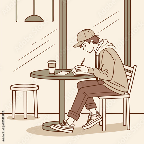 A teen boy sketching alone at a café table