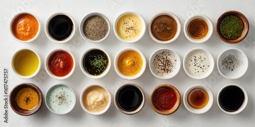 Assorted small dishes of various sauces and dressings