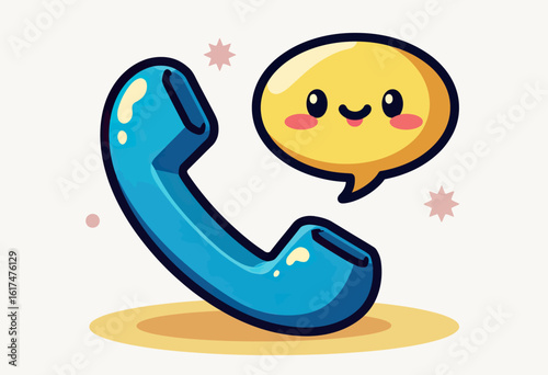 A cute kawaii cartoon telephone receiver with a happy smiling face in the speech bubble, a charming mascot for friendly communication and customer service.
