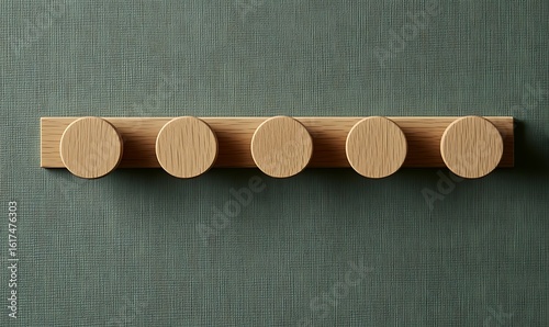 Minimalist Wooden Wall Hook Rack with Five Circular Pegs on Textured Green Background