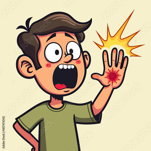 A funny cartoon illustration of a boy screaming in pain and shock from a fresh burn or wound on his hand, depicting a common household or childhood accident.
